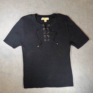 Michael Kors Black Lace-Up Ribbed Top with Gold Accents